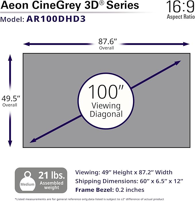 Elite Screens Aeon CineGrey 3D, 100" Fixed Frame CLR/ALR Projector Screen 16:9, Standard Throw Projection, Edge Free Ceiling & Ambient Light Rejecting, Wall-Mounted, for Movie Home Theater, AR100DHD3