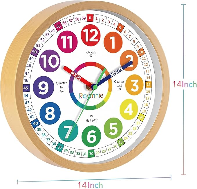 Roymnie14 Inch Wall Clock for Kids Learning to Tell Time Large Analog Silent Battery Operated Teaching Clock Silent Colorful Teaching Time Ideal Gift for Kids Room School