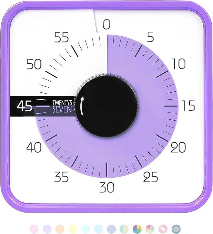 TWENTY5 SEVEN Countdown Timer 7.5 inch; 60 Minute 1 Hour Visual Timer â Classroom Teaching Tool Office Meeting, Mechanical Countdown Clock for Kids Exam Time Management Magnetic, Purple