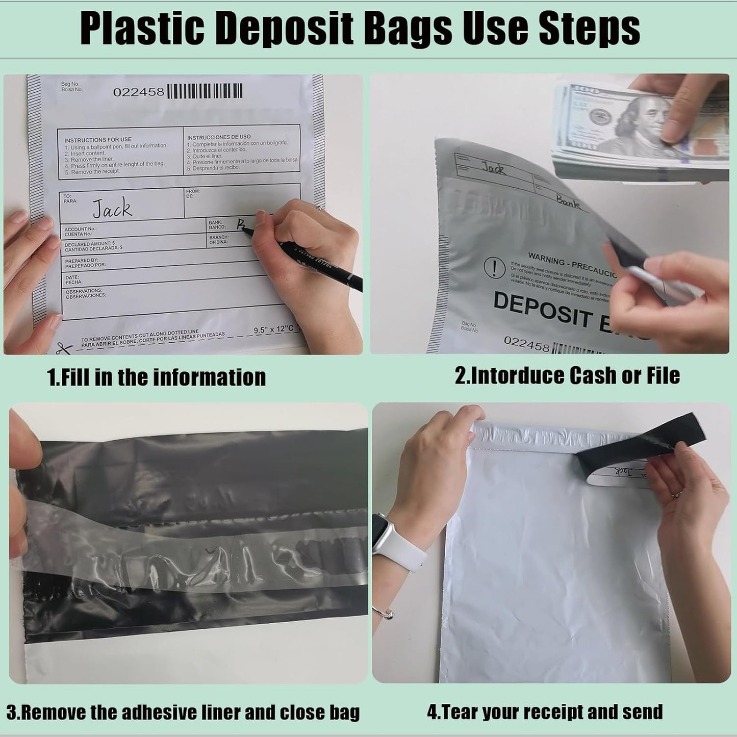 Plastic Deposit Bags 200-Pack Clear 9.5''x 15'', Security Bank Deposits Bags,Cash register bags,Money bag for Cash,Bank Pocket,Tamper-Evident Bag,Unique Barcode