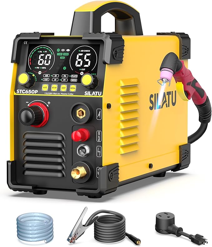 SILATU 65Amps Plasma Cutter, STC650P HF Non-Touch Pilot Arc Plasma Cutter Machine, 110/220V Dual Voltage Air Sensor Technology Large LED Display, 18mm Max Cutting thickness, PT/2T/4T for Beginners DIY
