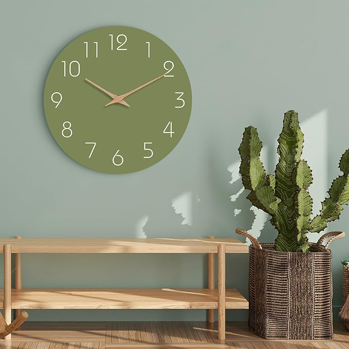 Mosewa Modern Wall Clock Silent Non Ticking 12 Inch Olive Green Battery Operated Simple Minimalist for Living Room Office Bedrooms Kitchen Home Decor
