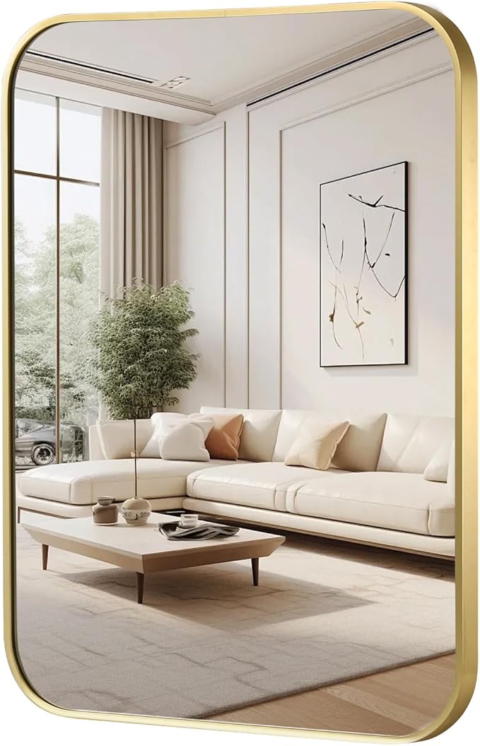 FARMER 16x24 Inch Gold Bathroom Mirror, Rectangle Vanity Mirror, Brushed Mirrors for Wall, Metal Frame Hanging Mirror with Round Corner for Bedrooms, Entryways, Living Rooms, Horizontal/Vertical