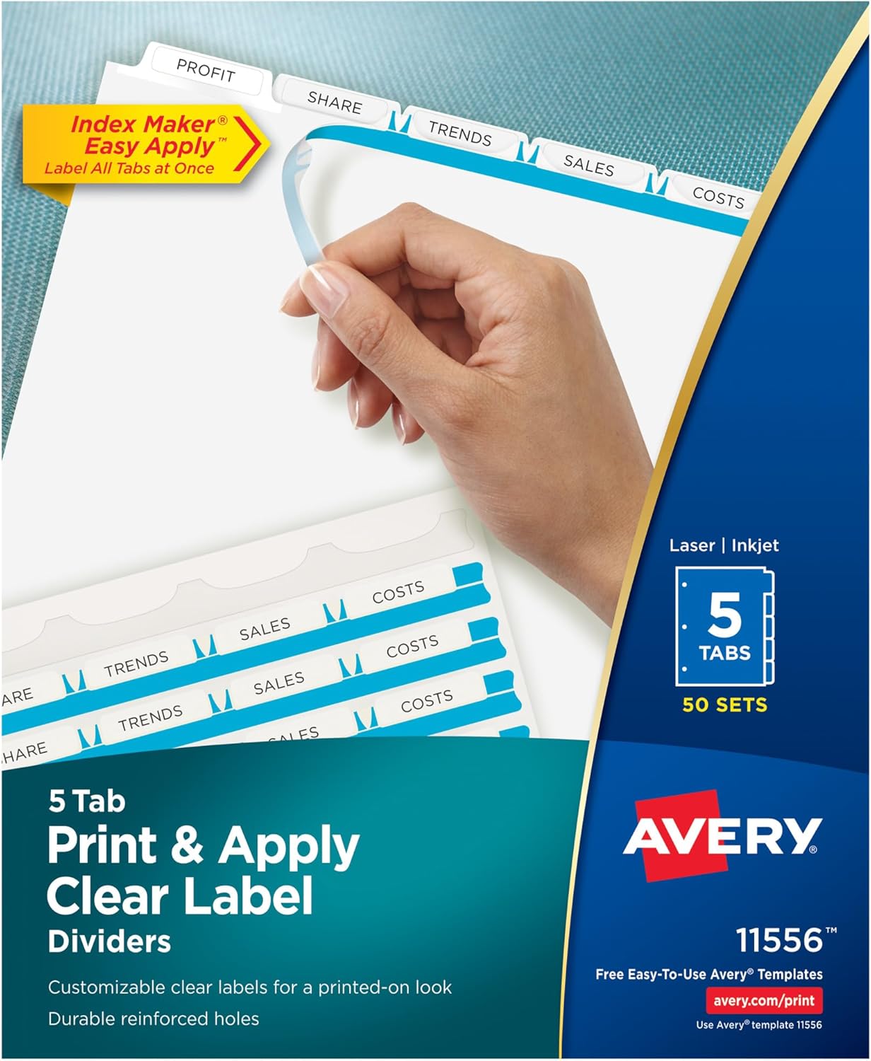 Avery 5 Tab Dividers for 3 Ring Binder, Easy Print & Apply Clear Label Strip, Index Maker Customizable White Tabs, 4-Pack of 50 Sets, 200 Sets Total (11556)