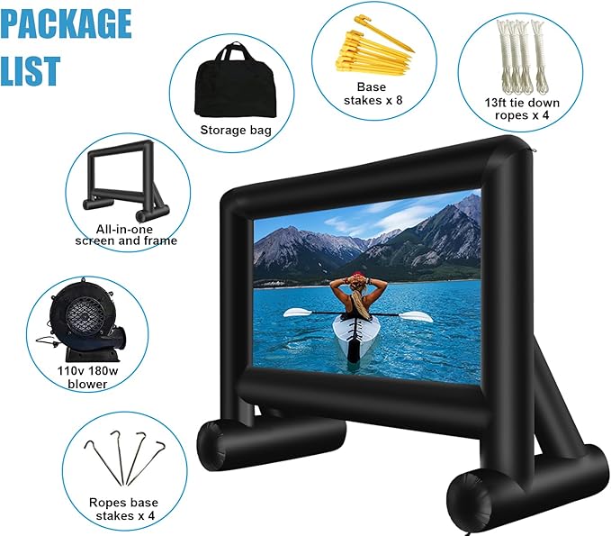 16 Feet Inflatable Projector Screen Outdoor Inflatable Movie Screen with Blower Carry Bag - Front and Rear Projection Blow Up Screen for Backyard Movie Night Pool Party