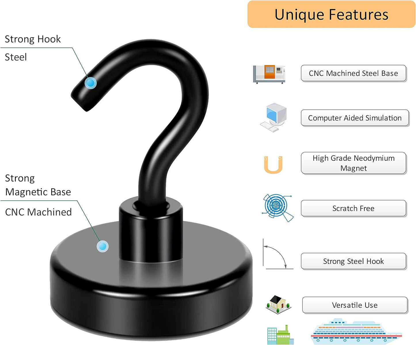 Neosmuk Black Magnetic Hooks, Strong Magnet with Hook for Fridge, Super Neodymium Extra Strength Industrial Hooks for Hanging (Matte Black,4 Pack)
