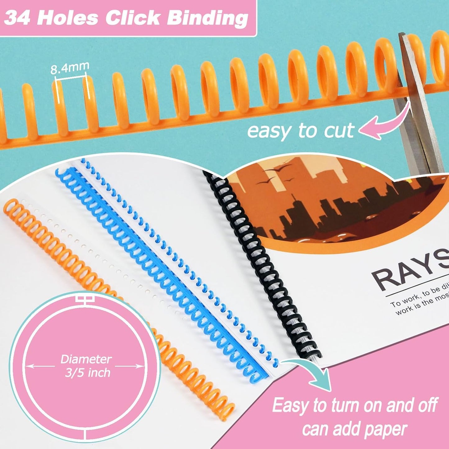 Rayson Click Binding Spines, 34-Hole Click Binding Ring for A4 and U.S. Letter Size Paper, Multi-Color, 3/5" Diameter, 3:1 Pitch, Binds Up to 120 Sheets, 30 Pack