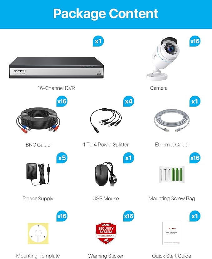 ZOSI H.265+ 16CH Security Camera System with AI Human Vehicle Detection, 16CH DVR with 4TB HDD for 7/24 Record, 16 x 1080p CCTV Camera Outdoor Indoor with 80ft Night Vision, 90°Wide Angle