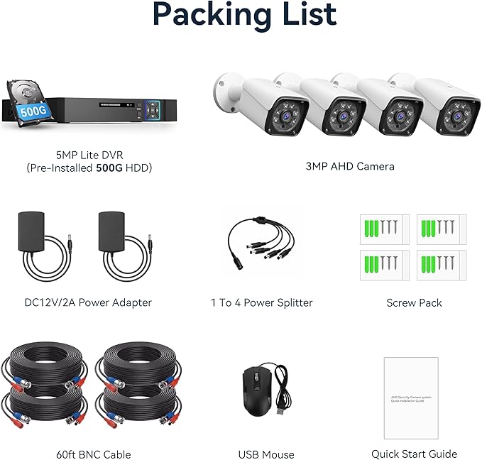 Wired Security Camera System, 8CH 5MP Lite CCTV Surveillance DVR Kit with 500G HDD, 4 x 3MP AHD Security Camera Outdoor, IP66 Waterproof Metal Shell,Remote Access,Smart Detection,24/7 Record