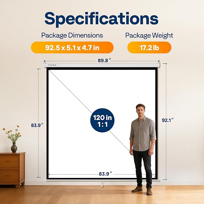 VIVOHOME 120 Inch 1:1 Pull Down Projector Screen, HD 4K Retractable Movie Screen for Indoor Home Theater and Office, Manual Projection Screen with Auto Locking (84Wx84H Inch Display Area)