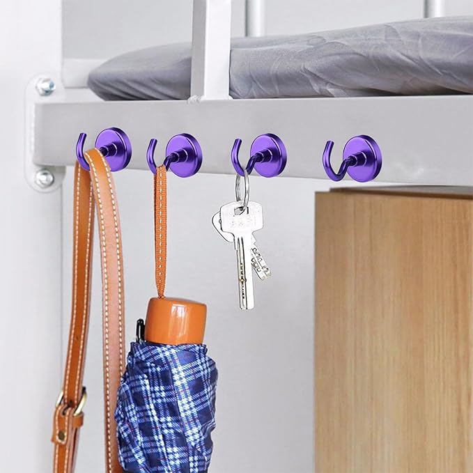 MIKEDE Strong Magnetic Hooks, 110Lbs Heavy Duty Magnetic Hooks for Cruise, Neodymium Earth Magnets with Hooks for Hanging, Super Metal Industrial Magnets for Grill, Storage (Purple,10 Pack)