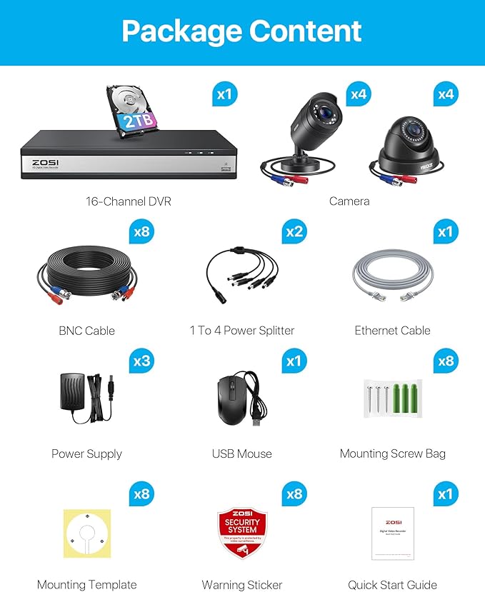 ZOSI 16CH H.265+ 1080P Home Security Camera System with AI Human/Vehicle Detection,8pcs 2.0MP Indoor Outdoor CCTV Bullet Dome Cameras,80ft Night Vision,16 Channel DVR with 2TB HDD for 24/7 Recording