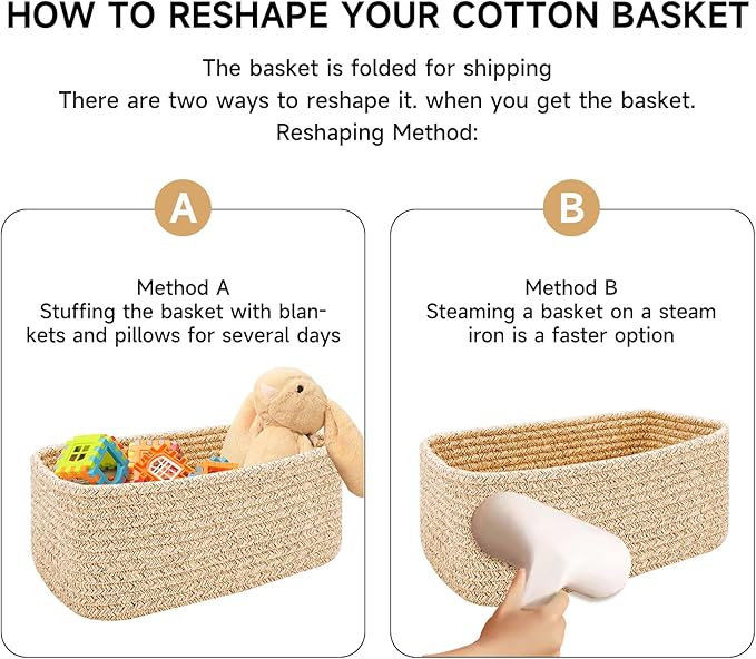 Small Storage Baskets for Organizing | Closet Organizer Bins | Shelf Toy Basket | Woven Rope Baskets | Cube Decorative Box | Shallow Basket | 11.5x7.5x4.7” | 4 Packs White Pink