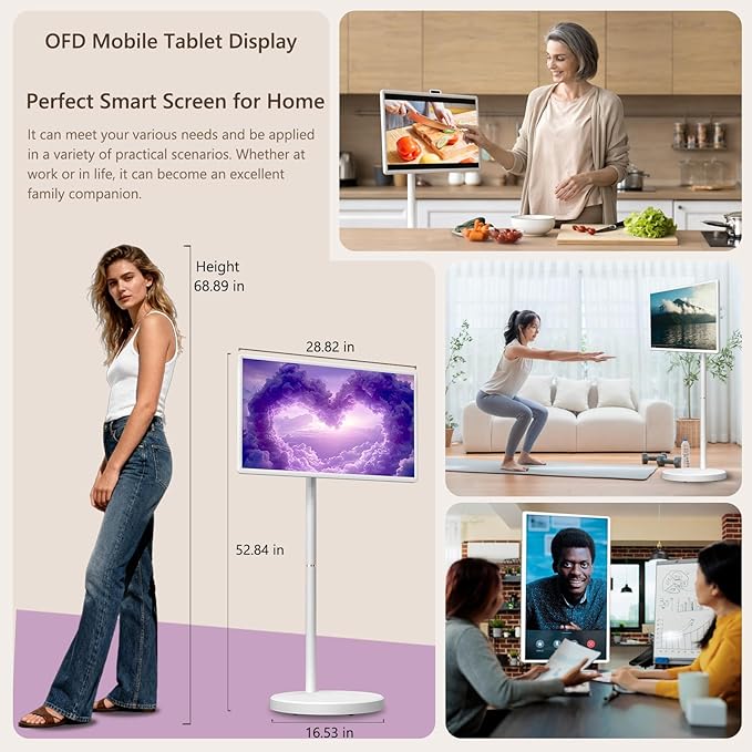OFD 32 Inch Portable TV on Wheels FHD 1080P,Android15 OS|6GB RAM+128GB Storage|EDLA-Certified,Rolling TV Touchscreen Monitor,Built-in 9600mAh Battery|2K Webcam|Remote Control|Speaker,Fully Rotatable