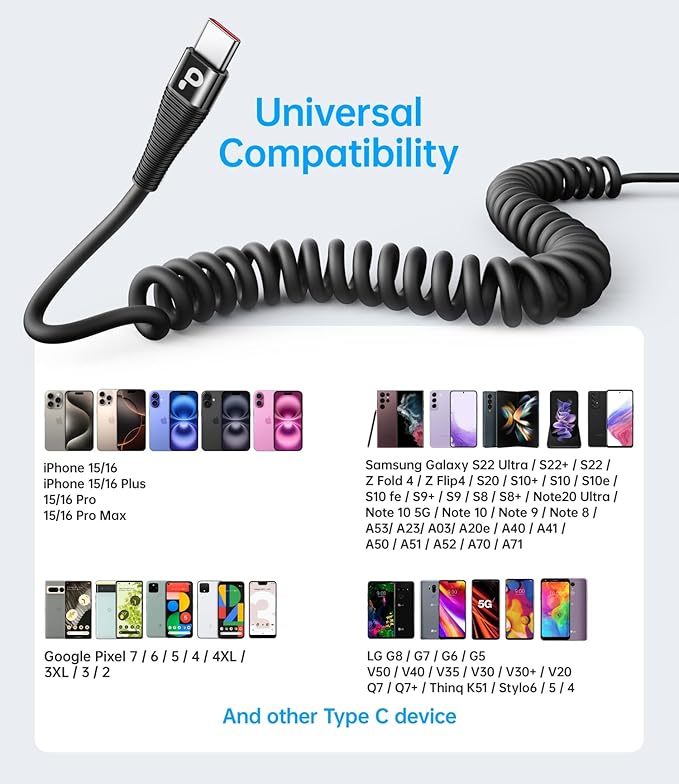 PRAKIE Coiled USB C Cable Fast Charging for Car 3FT/5FT, USB A to USB C Cable, Type C Charge Cord USB-C Charging Cable Compatible with iPhone 17/16/15/Samsung Galaxy S20 and More USB C Devices-Black