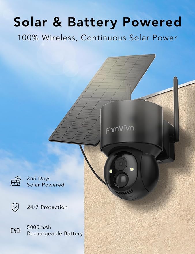 2K Solar Security Cameras Wireless Outdoor, 360°PTZ Battery Powered Cameras for Home Security, 2.4G WiFi Outdoor Camera with Color Night Vision, IP66 Waterproof, Motion Sensor Alarm, Black-4P