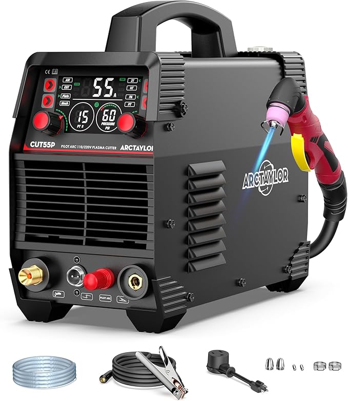55Amps Plasma Cutter, CUT55P Non-Touch Pilot Arc Plasma Cutter Machine,110/220V Dual Voltage IGBT Inverter, Air Sensor Technology, Large Digital Display Plasma Cutting Equipment