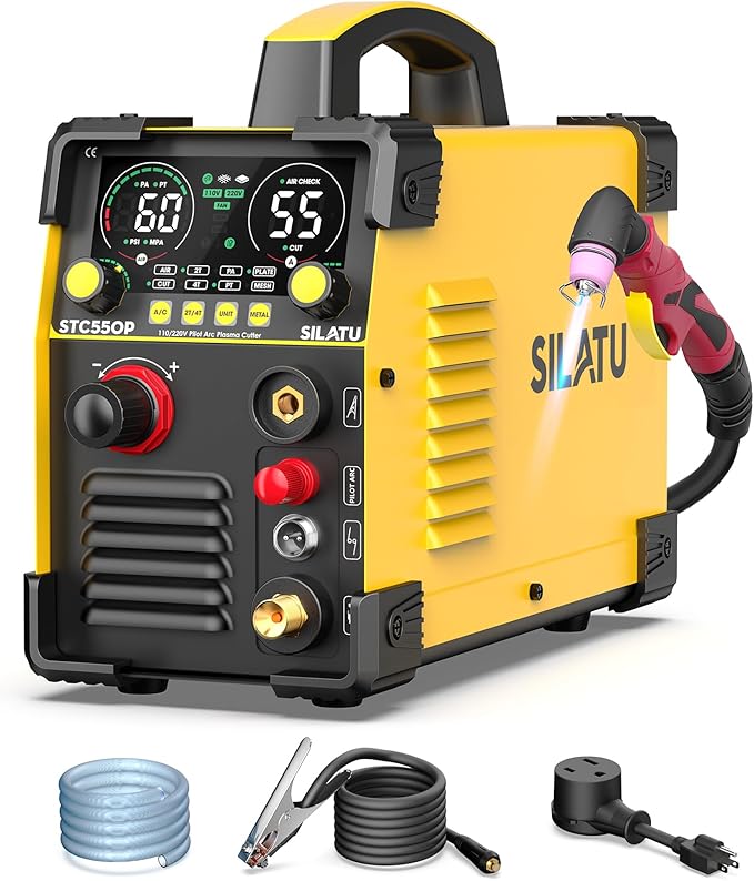 SILATU 55Amps Plasma Cutter, STC550P HF Non-Touch Pilot Arc Plasma Cutter Machine, 110/220V Dual Voltage LED Display Air Sensor Technology, 1/2'' Clean Cut 3/5'' Max Cut, PT/2T/4T for Beginners DIY