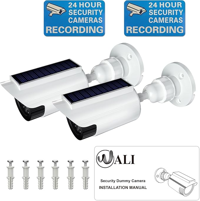 WALI Fake Dummy Camera, Solar Powered Fake Security Camera with LED Light, for Inside Outside Decoy Simulated Surveillance Security CCTV Dome Cameras with Warning Sticker (SOLTC-W2), 2 Packs, White