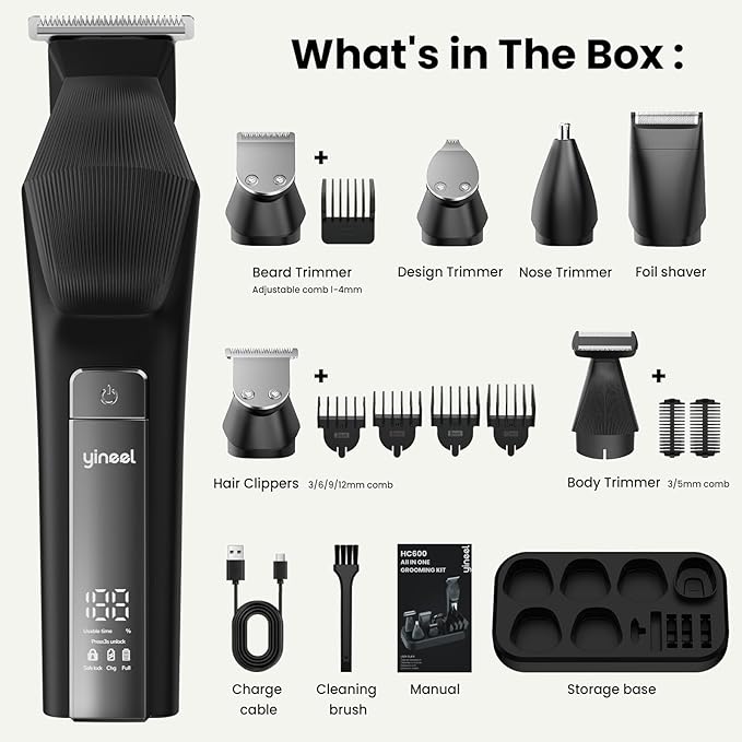 Yineel HC600 Beard Trimmer for Men, All-in-One Cordless Grooming Kit, Waterproof Electric Razor & Hair Clipper for Face Mustache Body Nose Hair Trimming, Precision Blades, Gifts for Men Barber