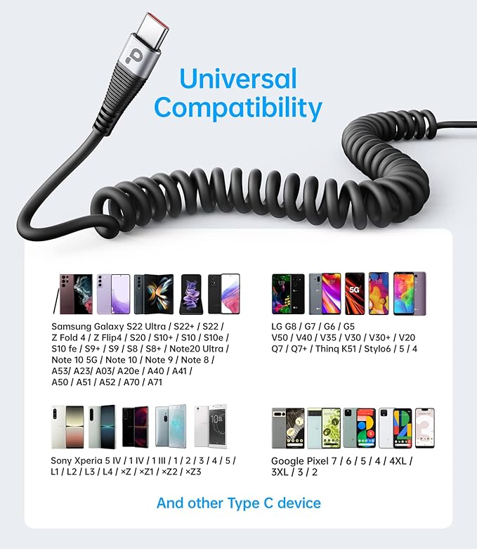 USB Type C Cable Fast Charging, 2Pack 5ft Coiled USB A to USB C Charge Cable for Car Android Auto Charging Cord Compatible with iPhone 17/16/15/Plus/Pro/Samsung Galaxy S20 S10 and More USB C Devices