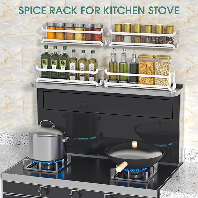 LUCYCAZ 4 Pack Wall Mounted Spice Rack with 16 Hooks, Spice Organizer Shelf for Stove Cabinet Pantry Door,Screw or Adhesive Spice Shelf Hanging Wall Spice Rack in Kitchen and RV (White, 4 PACK)