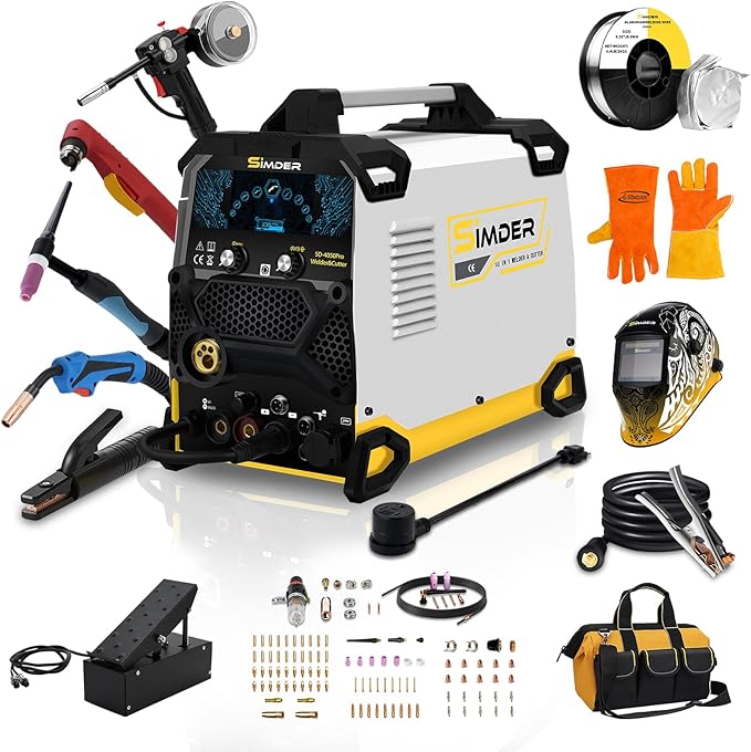 SSIMDER SD-4050 10 in 1 Aluminum Welder&Plasma Cutter and Spool Gun/Foot Pedal/Welding Helmet/Welding Gloves/Tool Bag/Flux Cored &Aluminum Welding Wire/MIG TIG Cut CONSUMABLES
