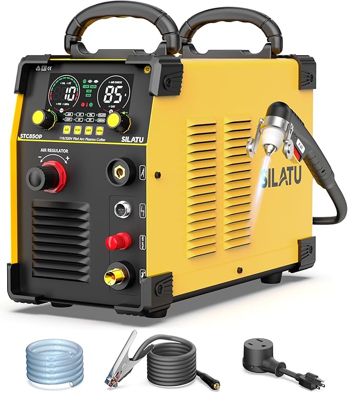 SILATU 85Amps Plasma Cutter, STC850P HF Non-Touch Pilot Arc Plasma Cutter Machine, 110/220V Dual Voltage Air Sensor Technology Digital Display, 1'' Clean Cut 5/4'' Max Cut, PT/2T/4T for Beginners DIY