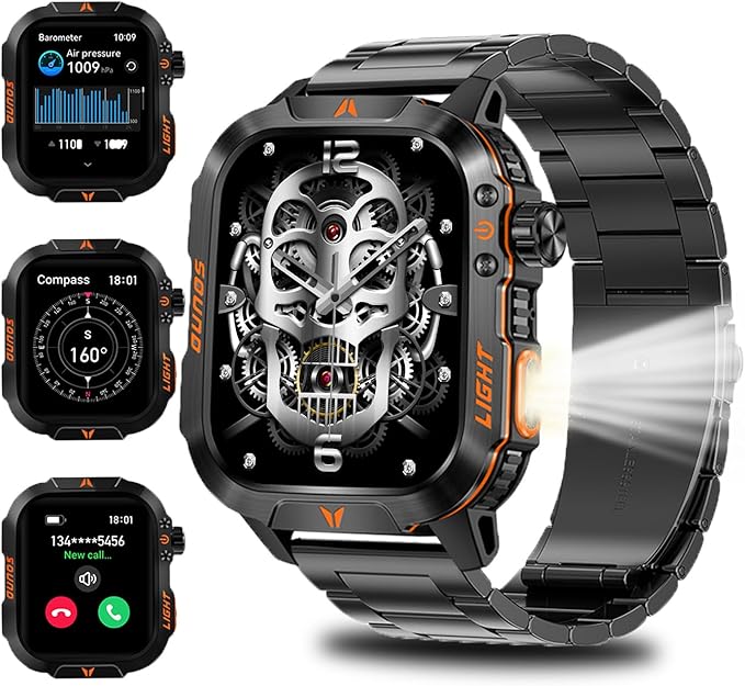 QTLLBT Military Smartwatch, Answer Make Calls LED Flashlight Barometer Compass 2.01HD IP68 Waterproof Outdoor Tactical Watch 100+ Sports Modes Sleep Heart Rate Available for Android iOS (Steel Band)