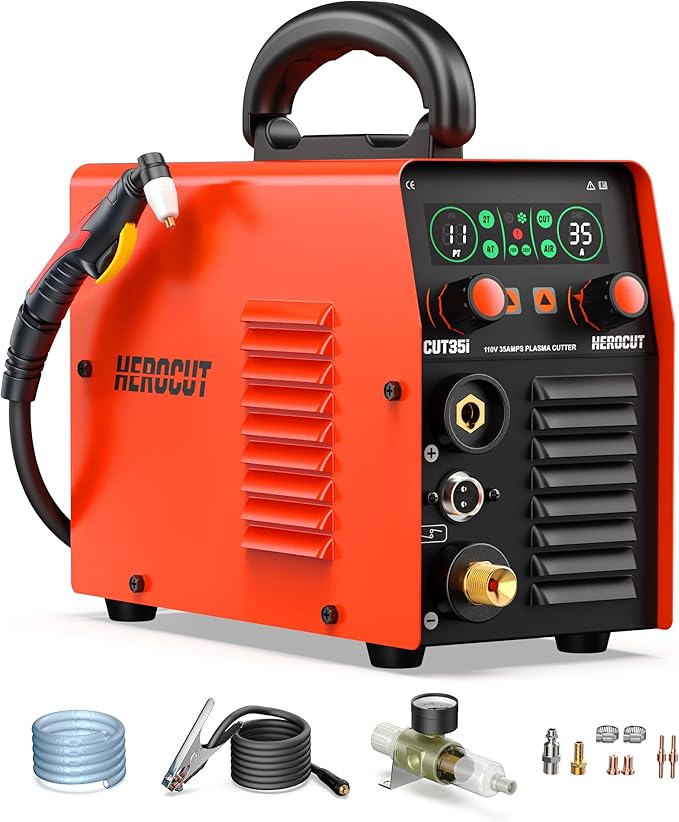 Plasma Cutter, 35Amps HEROCUT Plasma Cutter Machine CUT35i, Screen Display 110V High-Frequency IGBT Inverter Technology Post Flow and 2T/4T, Max Cutting Thickness 10mm for Beginners DIY