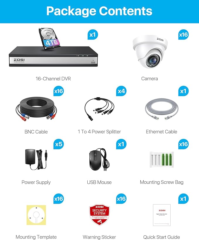 ZOSI H.265+ 16 Channel Security Camera System with AI Human Vehicle Detect, 16CH Surveillance DVR and 8 x 1080p CCTV Weatherproof Dome Camera Outdoor, 80ft Night Vision, 105°Wide Angle, 4TB Hard Drive