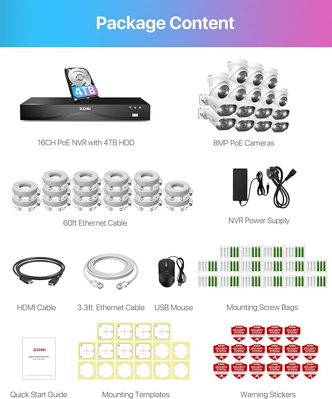 ZOSI 4K PoE Security Camera System,16 Port 24CH 8MP Dual Disk NVR with 4TB HDD,Face/Person/Vehicle Detection,Night Vision,2 Way Audio,16pcs 4K Outdoor Bullet Dome Cameras,for Business 24/7 Recording