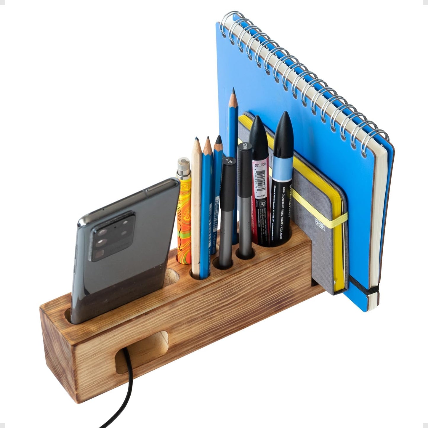 Hoffenwell Wooden Desk Organizer with Phone Holder â Stylish & Functional Book, Pen and Cell Phone Charging Stand - Solid Wood Pen Holder for Desk