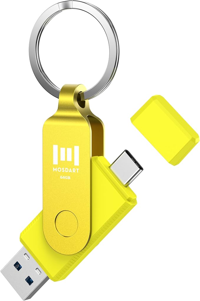 MOSDART 64GB USB3.1 Fast Speed C and A Dual Flash Drive, exFAT Memory Stick with Keychain and LED Indicator, for iPhone 15,16, 17, Android Phone, iPad, MacBook, and Other Laptops,Yellow