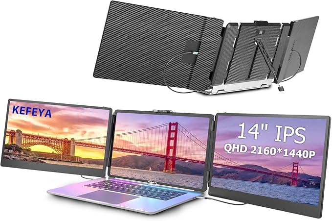 KEFEYA Laptop Screen Extender, 14" Portable Monitor for Laptop, 1440P QHD Triple Screen Monitor Extender for 13"-17" Laptops, HDMI/USB-C for MacBook, Windows, Chrome, Switch, Plug & Play