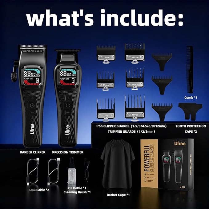 Ufree Professional Hair Clippers for Men, Barber-Grade Cordless Clipper & Trimmer Set with LCD Display & Long Lasting Power, Hair Cutting Tools for Home Haircuts, Fading, Beard Trimming