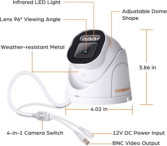TIGERSECU 5MP Wide Angle Dome Security Camera for TVI, CVI, AHD, CVBS DVRs, Weatheproof for Indoor/Outdoor Use, Hybrid 4-in-1 with OSD Switch (Power Supply and Coaxial Cable Sold Separately)