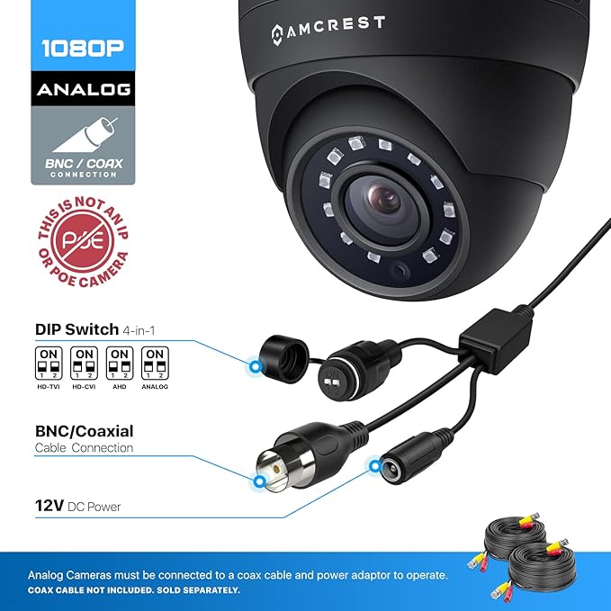Amcrest Analog Outdoor Security Camera, Dome 2MP 1080P @ 30fps, Quadbrid HD-CVI/TVI/AHD, 98ft Night Vision, IP67 Metal, 129° FOV, Black (Not an IP Camera) (DVR Required, Not Included) (AMC1080DM28-B)