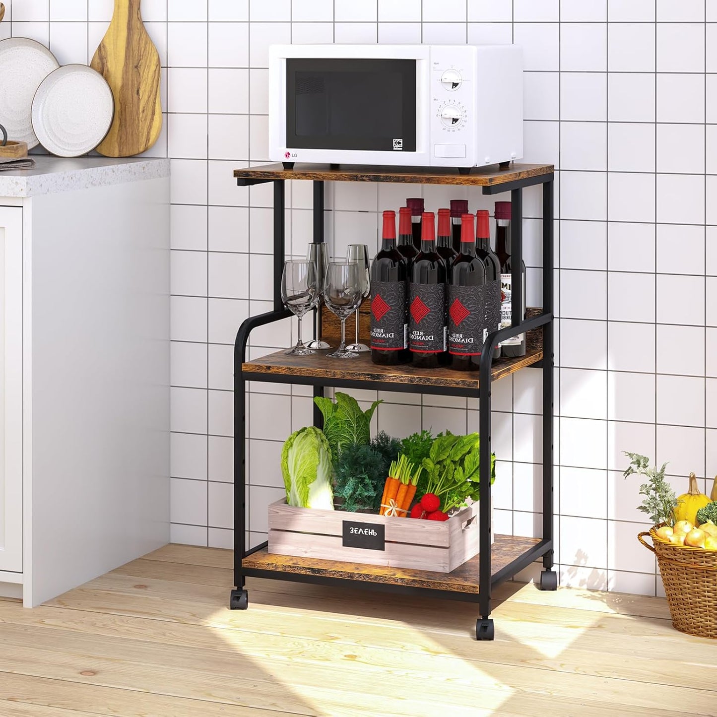 Printer Stand with Storage Shelf,3 Tier Printer Cart with Wheels,Mobile Printer Table for Home Office,Stands for Printer Heat Press Scanner Fax,Industrial Style (Brown)