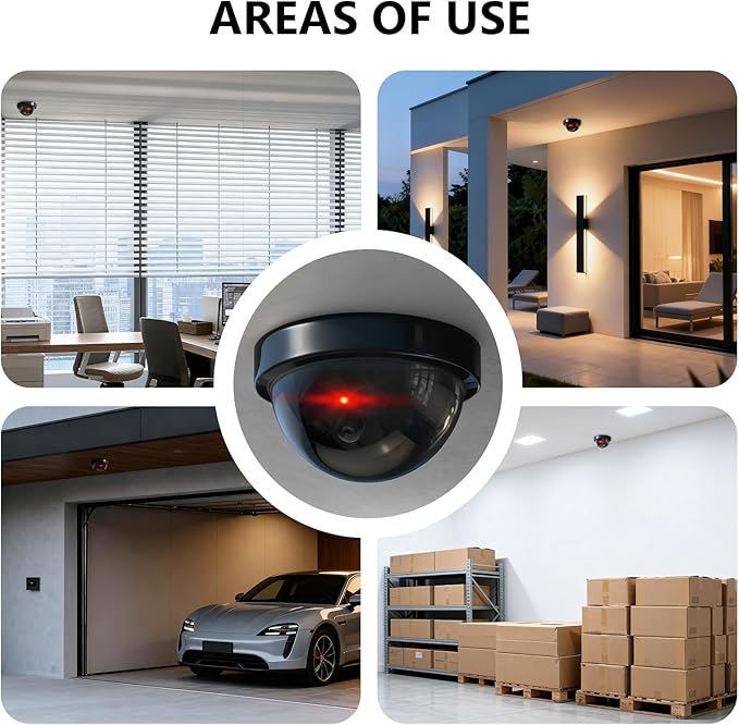 WALI Dummy Fake Security CCTV Dome Camera with Flashing Red LED Light with Security Alert Sticker Decals (SD-6), 6 Packs, Black
