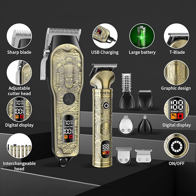 HIENA PRO Hair Clippers for Men Professional, Cordless Barber Clipper T-Blade Beard Trimmer Nose & Body Hair Trimmer Foil Shaver Grooming Kit, Electric Full Men's Hair Cutting Kit with 17 Guide Combs