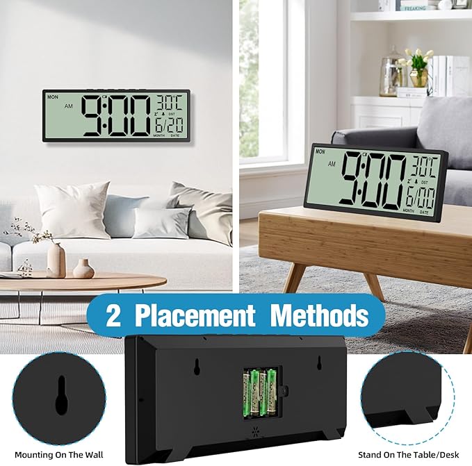XREXS 14.5" Digital Wall Clock Battery Operated with Big Digits LCD Screen Display, Large Display Timer with Temperature Date Week Auto DST, Alarm Clock for Classroom, Livingroom, Office