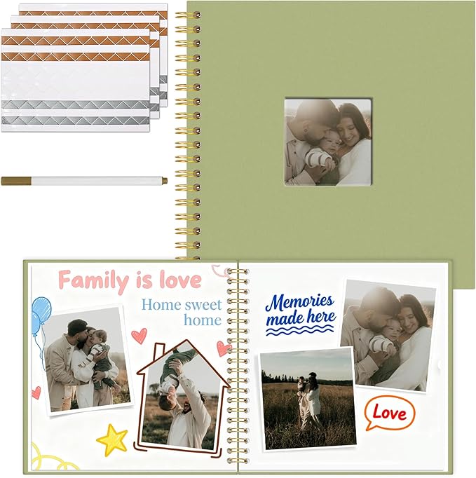 Vienrose 10 x 10 Inch Scrapbook Photo Album, Linen Hardcover Photo Book with 80 White Pages, DIY Memory Book Kit with Accessories for Wedding, Baby Shower, Travel, Christmas (LightGreen, 40 Sheets)