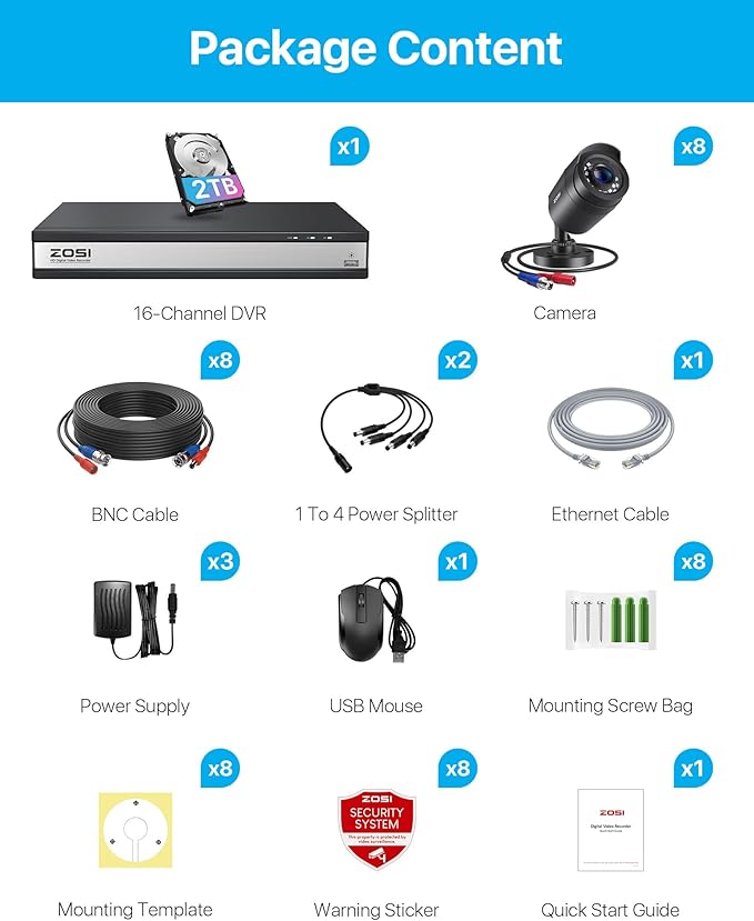 ZOSI 16 Channel Security Camera System,8 x 1080P Outdoor Indoor Weatherproof Wired Cameras,AI Human Vehicle Detection,Night Vision,H.265+ 16CH 2.0MP HD-TVI CCTV DVR with 2TB HDD for 24/7 Recording