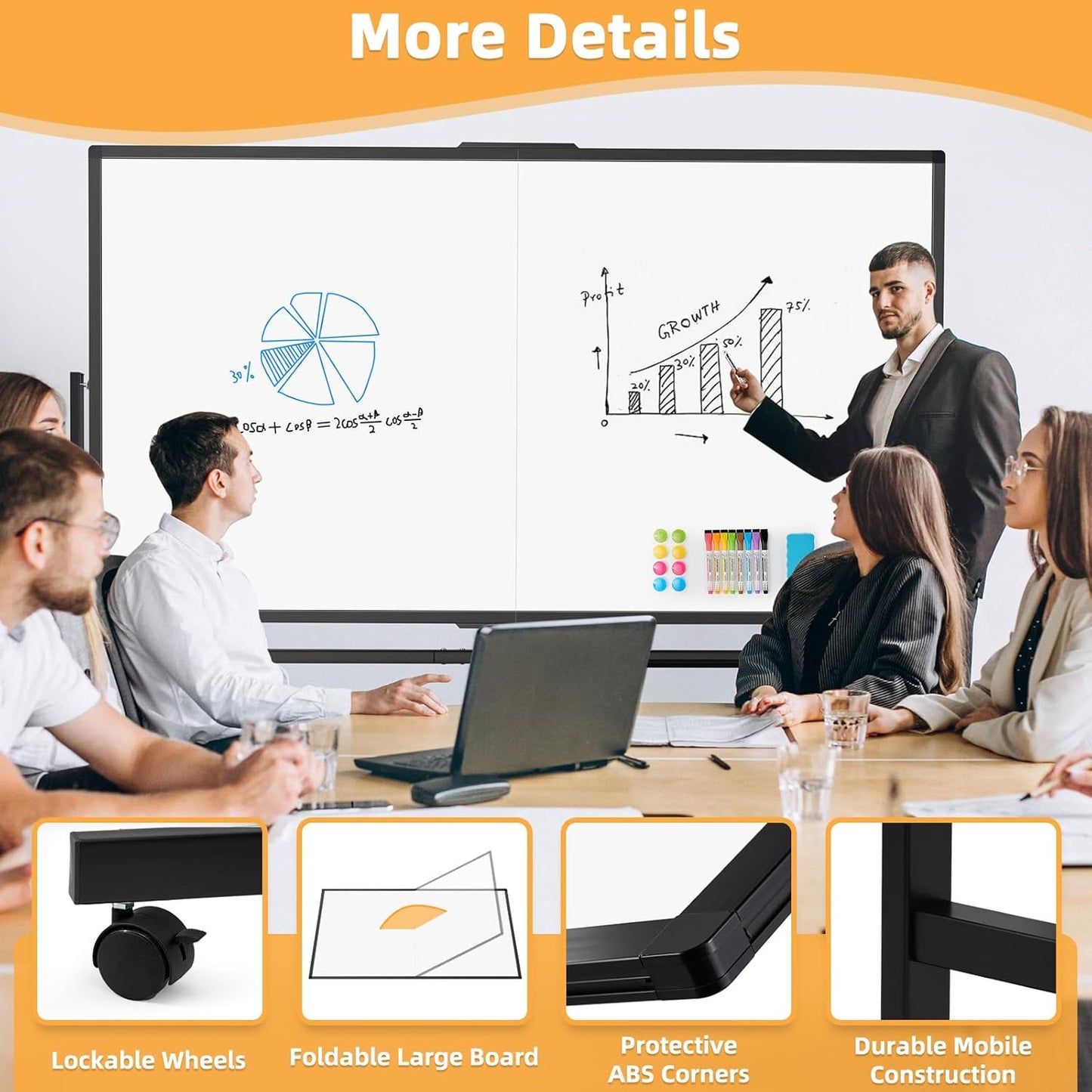 WALGLASS Rolling Whiteboard on Wheels, 60"x48" Double-Sided Dry Erase White Board with Stand, Large Magnetic Whiteboard, Big Portable Standing Black Boards for Office, School, Home, Classroom 5x4 ft