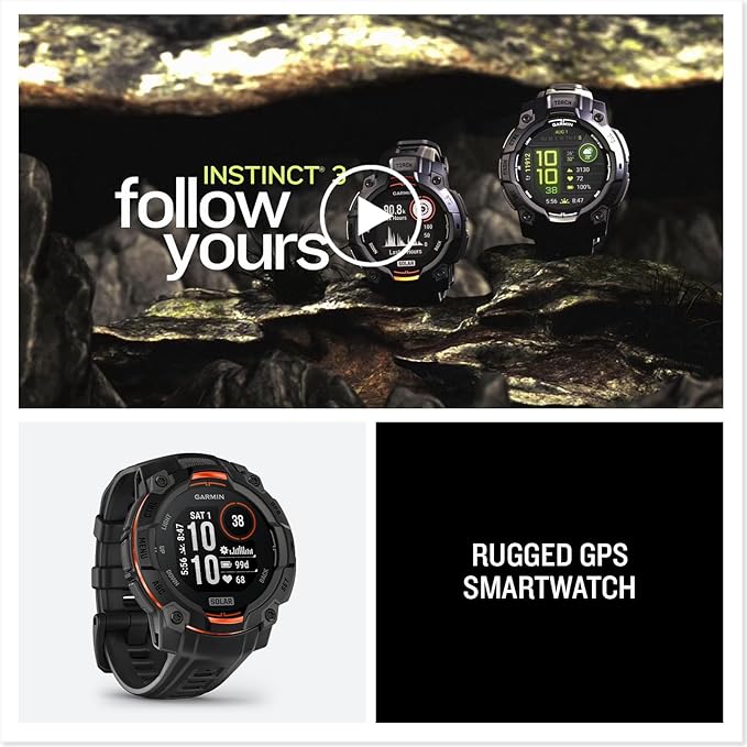 Garmin Instinct® 3 45mm, Solar Charged Display, Rugged Outdoor GPS Smartwatch, Metal-Reinforced Bezel, Built-in Flashlight, Black
