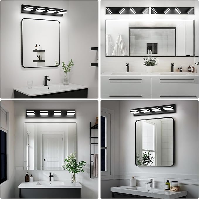 Modern LED Bathroom Lights Fixtures(4-Light),Metal Black Acrylic Wall Lighting,Vanity Lights for Bathroom Over Mirror(6000k 27in)