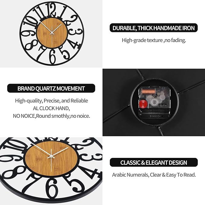 Large Wall Clock for Living Room Decor, 16 Inch Non Ticking Silent, Battery Operated Modern Vintage Oversized Wall Clock for Bedroom Kitchen