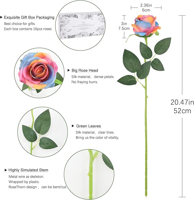 Rainbow Fake Roses Artificial Flowers - 16 Pcs Fake Artificial Roses Silk Flowers with Stems for Home Wedding Hotel Office Centerpiece Decor(Rainbow)