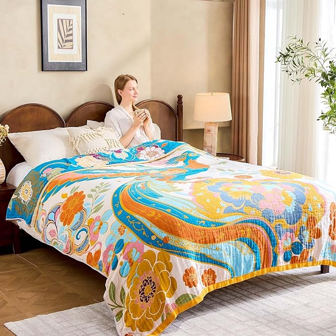 Boho Throw Blanket, Lightweight Blankets for Summer, 100% Cotton Bohemian Decorative Throw Blanket, 80"x90" Reversible Muslin Breathable Woven Farmhouse Blankets Quilt,